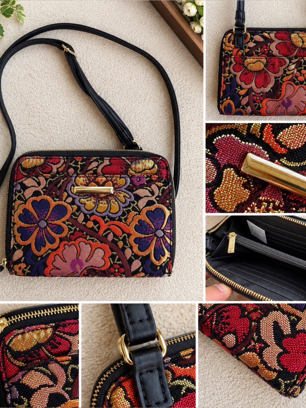 Tapestry Floral Crossbody Bag in Multicolor with Black Strap
